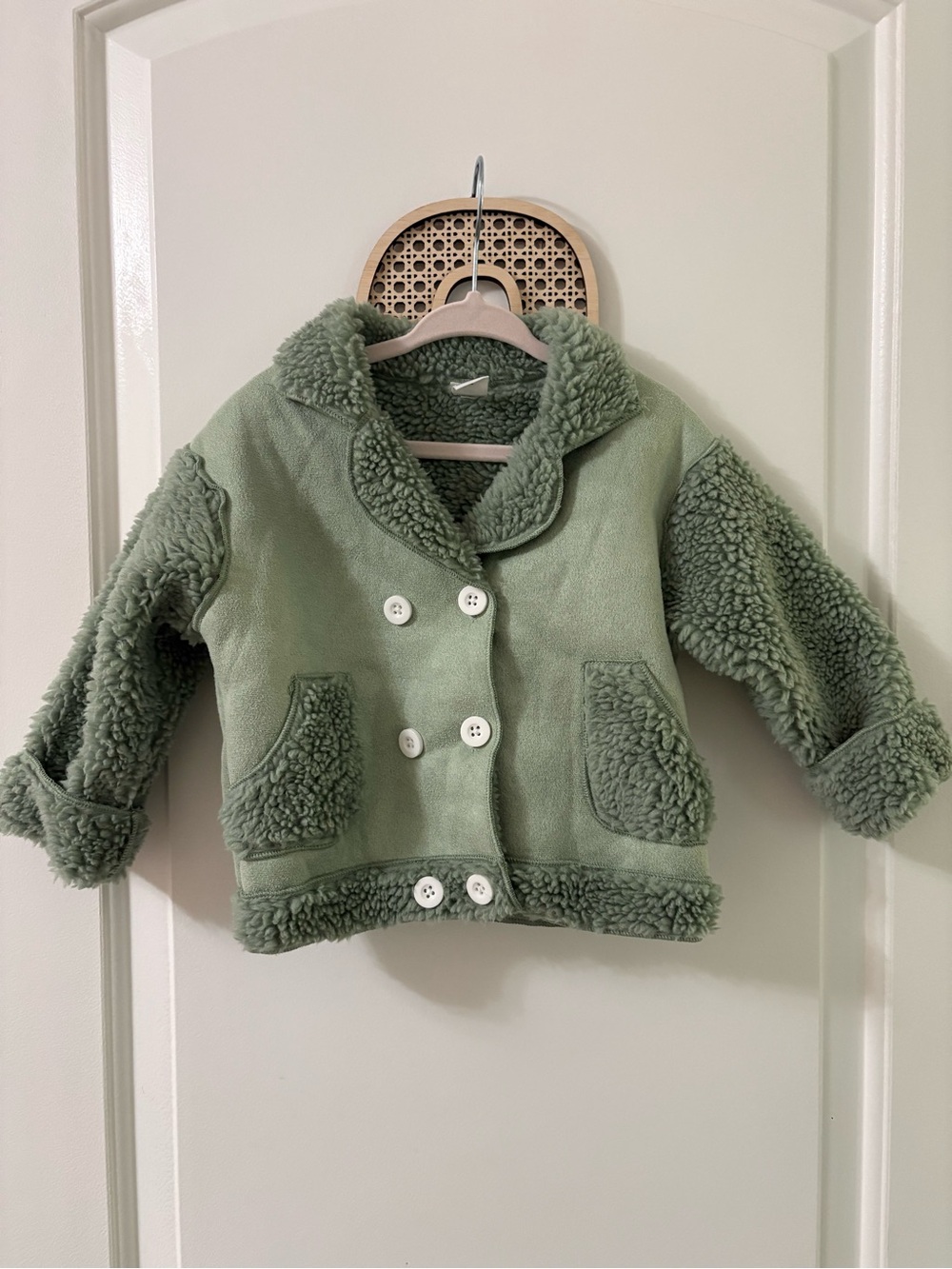 Kids Double-Breasted Faux Shearling Jacket - Sage Green